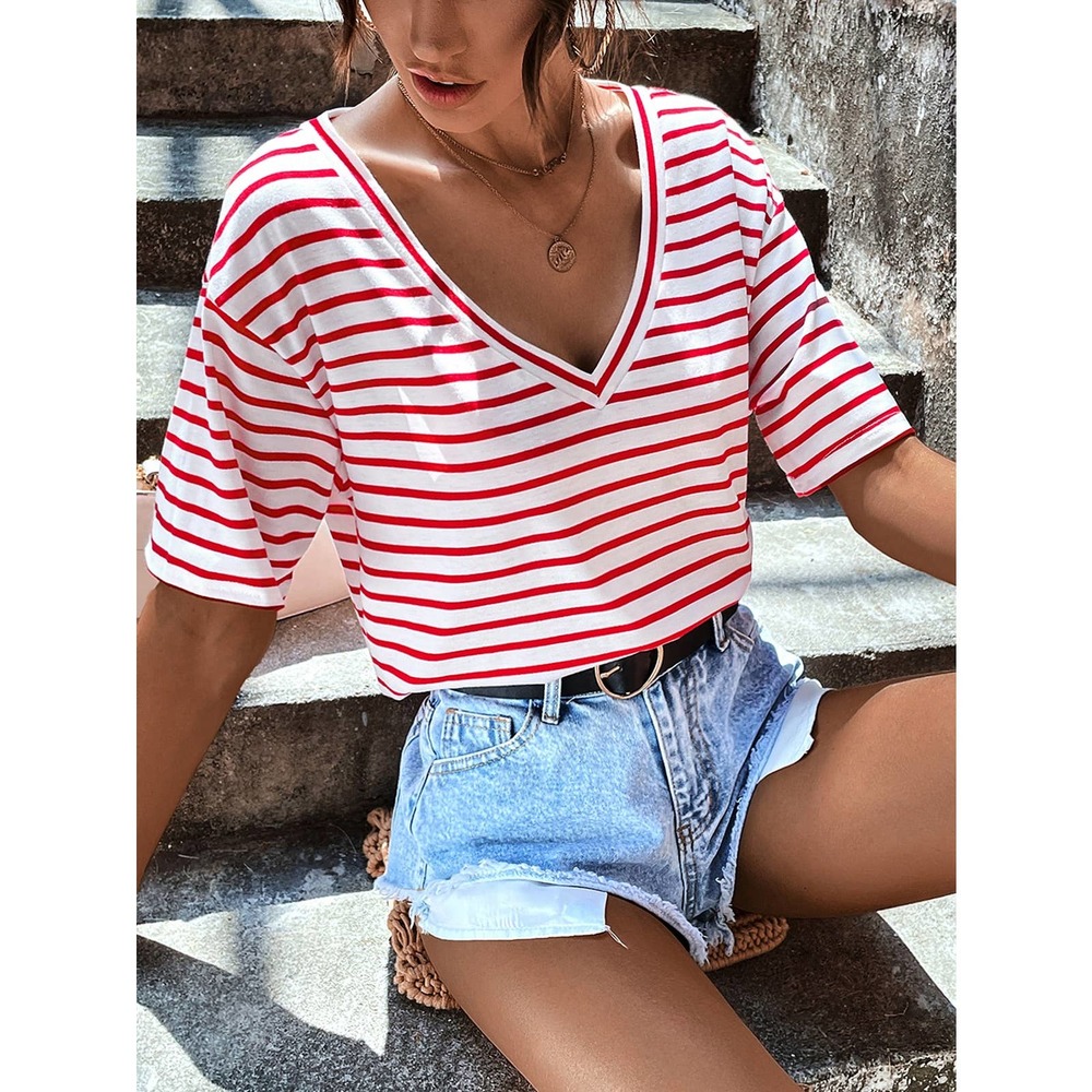 Classic preppy Striped V Neck Tee shirt top white black - Picture 10 of 11